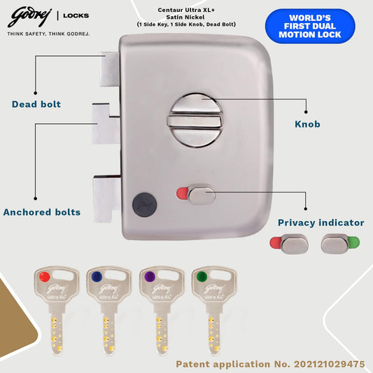 Godrej Centaur Rim Lock I World's 1st Dual Motion Lock | Ultra XL+ Technology| 4 Keys I 1CK Dead Bolt Lock for Main & Safety Door (Satin Nickel)