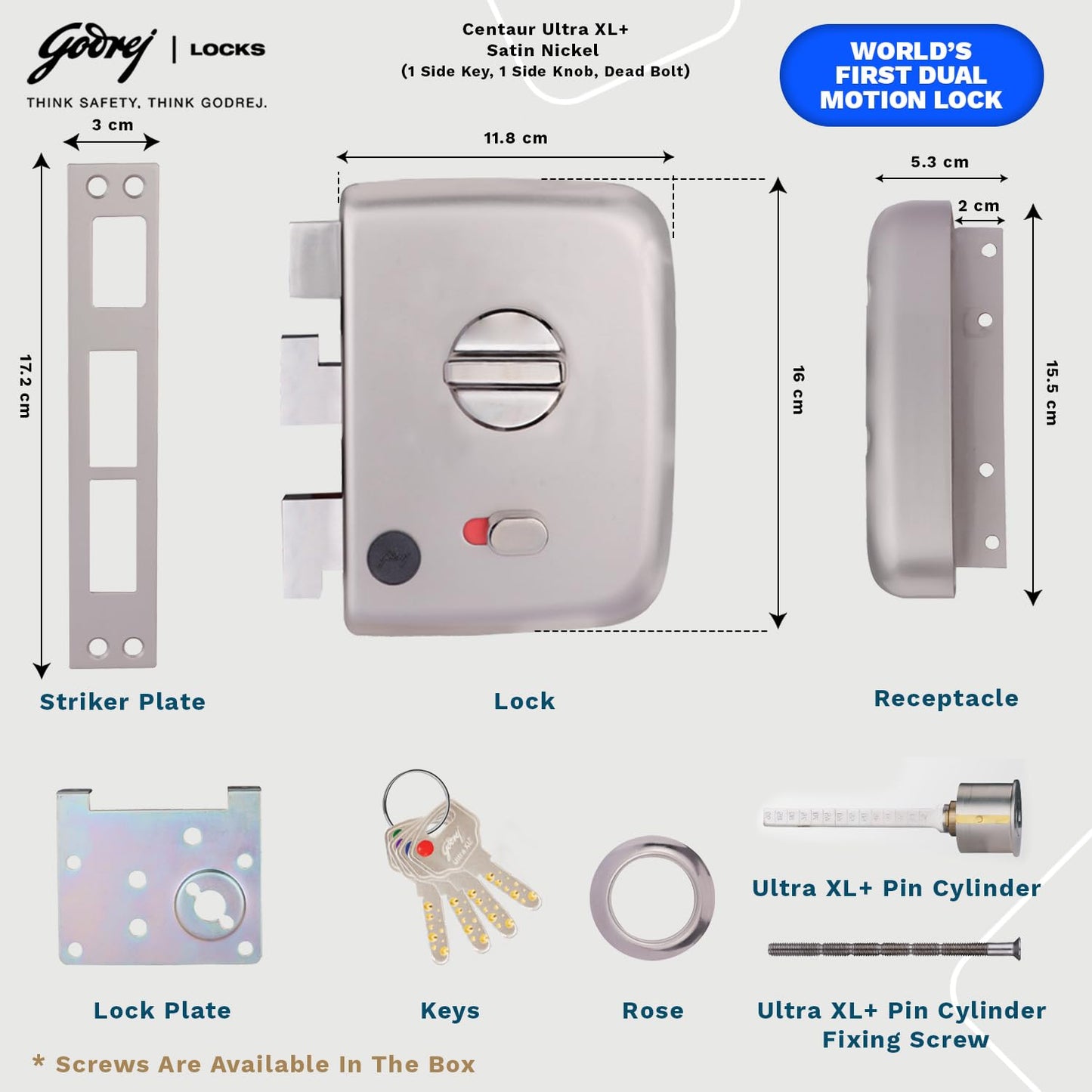 Godrej Centaur Rim Lock I World's 1st Dual Motion Lock | Ultra XL+ Technology| 4 Keys I 1CK Dead Bolt Lock for Main & Safety Door (Satin Nickel)