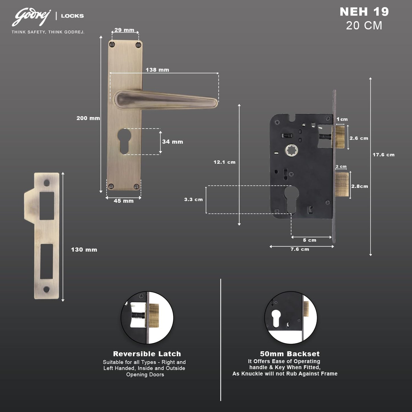 Godrej Mortise Lock I Mortise Door Handle Lock for Main & Internal Door in Residential I NEH 19-1 CK I Antique Brass Finish 20cm / 8 Inches Handle, with Lock Body & 3 Keys