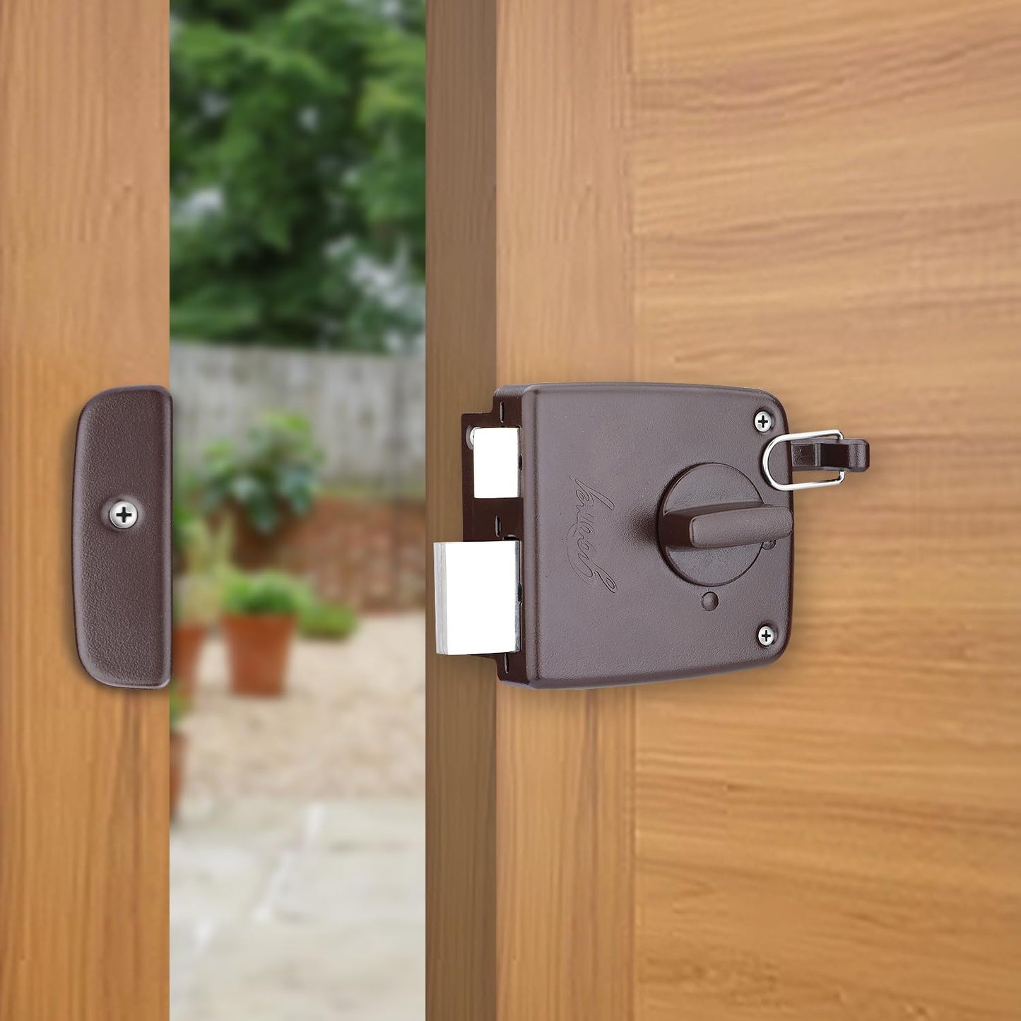 Godrej Locking Solutions and Systems Locks | Rim Lock I Twin Bolt Compact 1Ck Latch Bolt I for Inside Opening Wooden Doors I Left/Right Handed Doors I 3 Keys I Textured Brown Finish