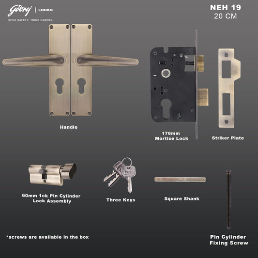 Godrej Mortise Lock I Mortise Door Handle Lock for Main & Internal Door in Residential I NEH 19-1 CK I Antique Brass Finish 20cm / 8 Inches Handle, with Lock Body & 3 Keys