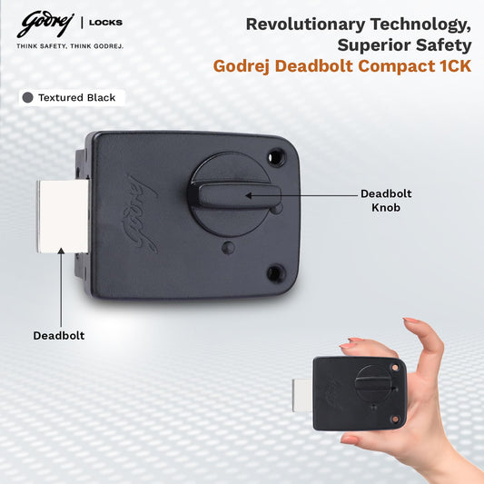 Godrej Locks | Rim Lock | Deadbolt Compact |1CK Deadbolt | for Inside Opening Wooden Main Door|Left/Right Handed Doors | 3 Keys| Textured Black Finish