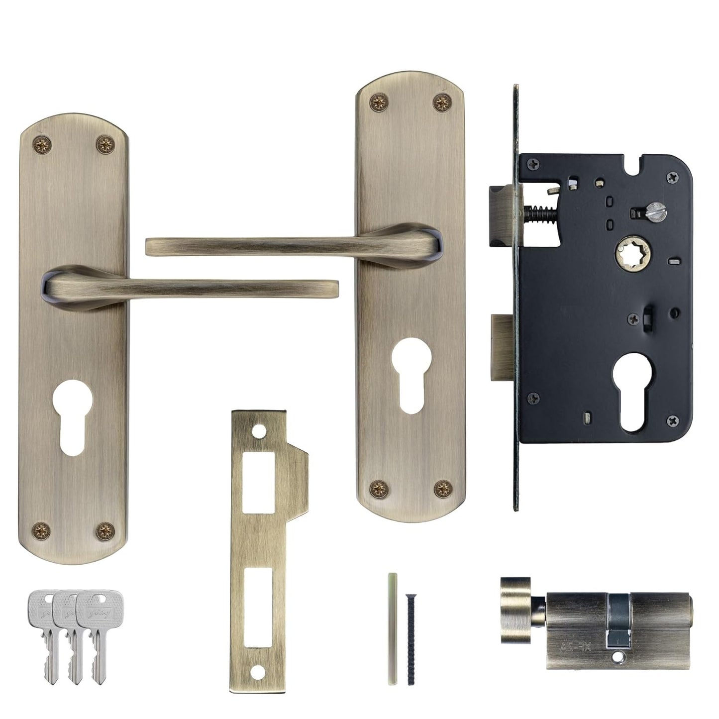 Godrej Mortise Lock I Handle Set 1CK EM02 I Antique Brass Finish I 6-Lever Lock I 3 Keys I Double Throw I 5" Handle I Left/Right Handed Door Operation