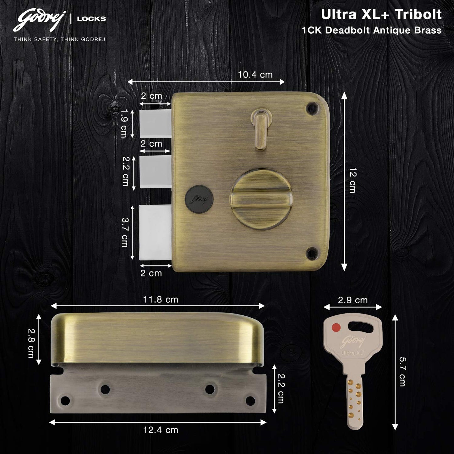 Godrej Rim Lock l Tribolt Ultra XL+ l 1CK Deadbolt l for Inside Opening Main Door l Left/Right-Handed Doors l 4 Keys l Manual Locking l Antique Brass Finish