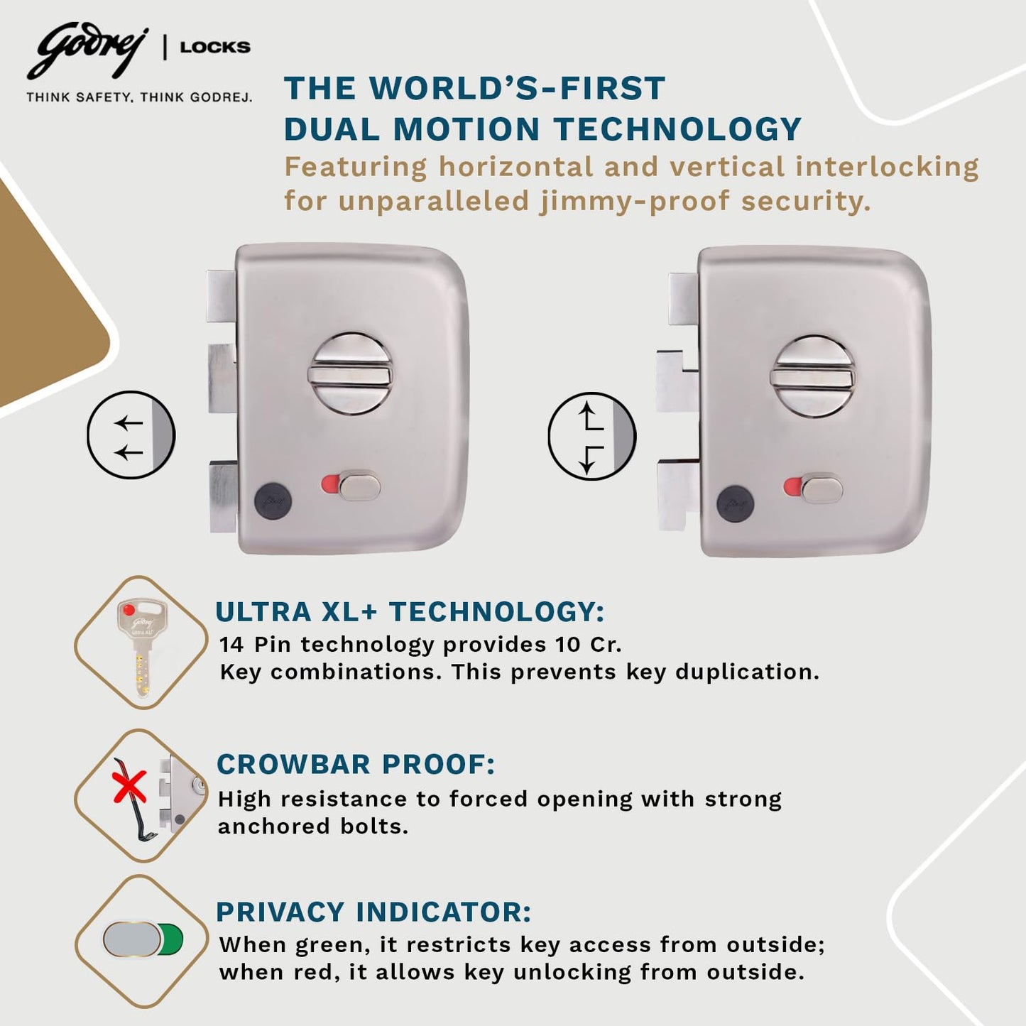 Godrej Centaur Rim Lock I World's 1st Dual Motion Lock | Ultra XL+ Technology| 4 Keys I 1CK Dead Bolt Lock for Main & Safety Door (Satin Nickel)