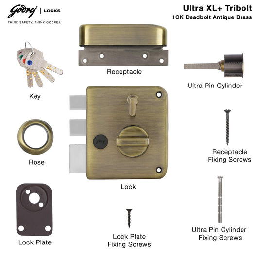 Godrej Rim Lock l Tribolt Ultra XL+ l 1CK Deadbolt l for Inside Opening Main Door l Left/Right-Handed Doors l 4 Keys l Manual Locking l Antique Brass Finish