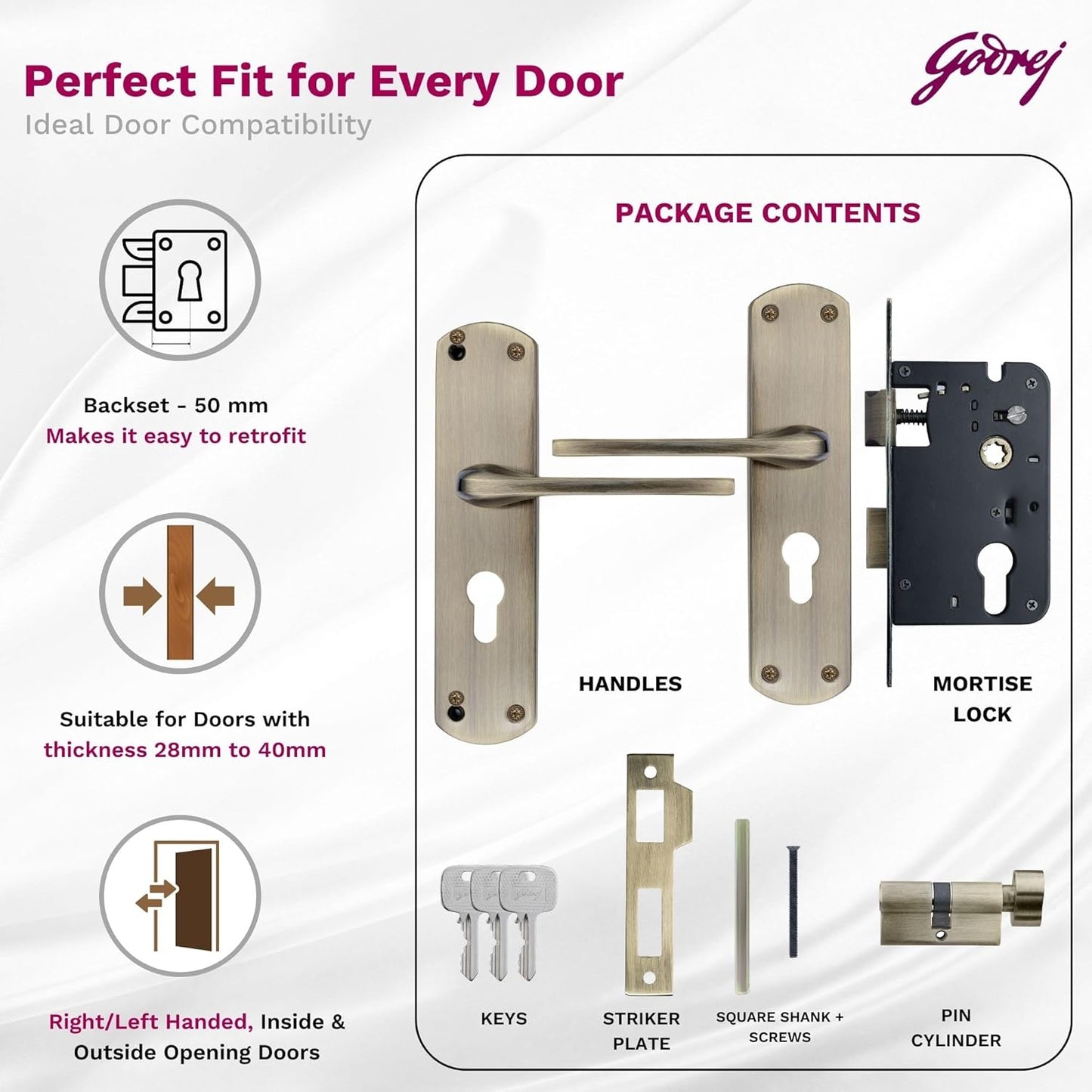 Godrej Mortise Lock I Handle Set 1CK EM02 I Antique Brass Finish I 6-Lever Lock I 3 Keys I Double Throw I 5" Handle I Left/Right Handed Door Operation