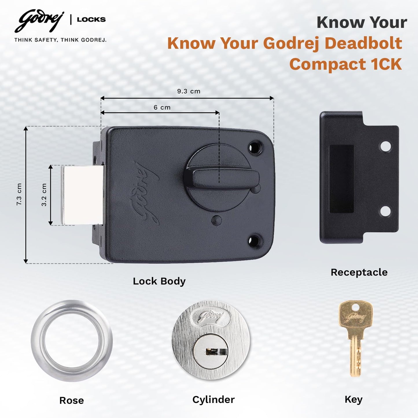 Godrej Locks | Rim Lock | Deadbolt Compact |1CK Deadbolt | for Inside Opening Wooden Main Door|Left/Right Handed Doors | 3 Keys| Textured Black Finish