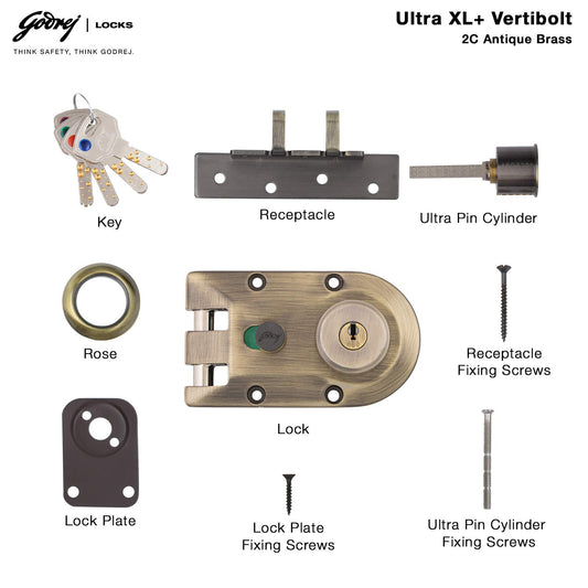 Godrej Rim Lock l Vertibolt Ultra XL+ I 2C Deadbolt l for Inside Opening, Double and Sliding Wooden Doors l Left/Right-Handed Doors l 4 Keys l Manual Locking I Antique Brass Finish