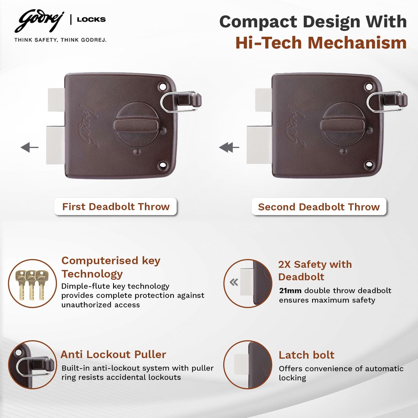 Godrej Locking Solutions and Systems Locks | Rim Lock I Twin Bolt Compact 1Ck Latch Bolt I for Inside Opening Wooden Doors I Left/Right Handed Doors I 3 Keys I Textured Brown Finish