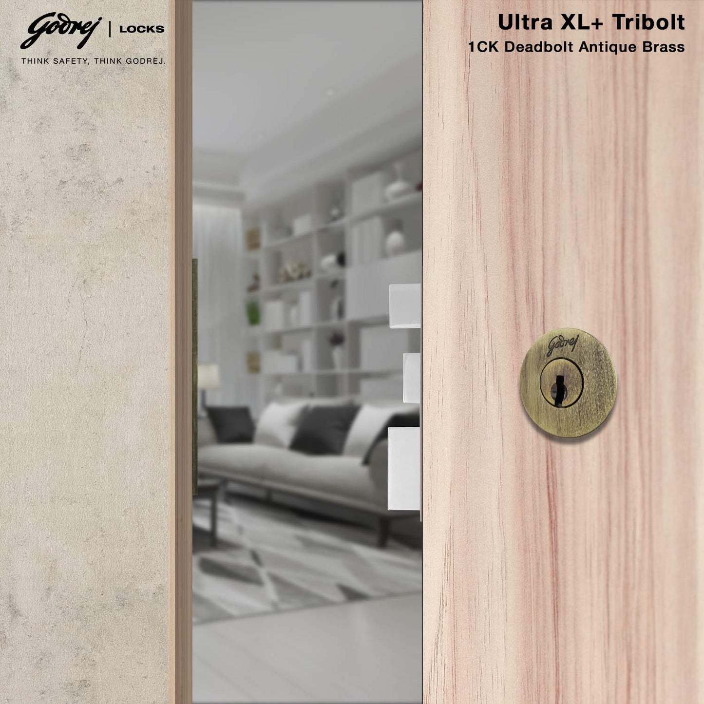 Godrej Rim Lock l Tribolt Ultra XL+ l 1CK Deadbolt l for Inside Opening Main Door l Left/Right-Handed Doors l 4 Keys l Manual Locking l Antique Brass Finish