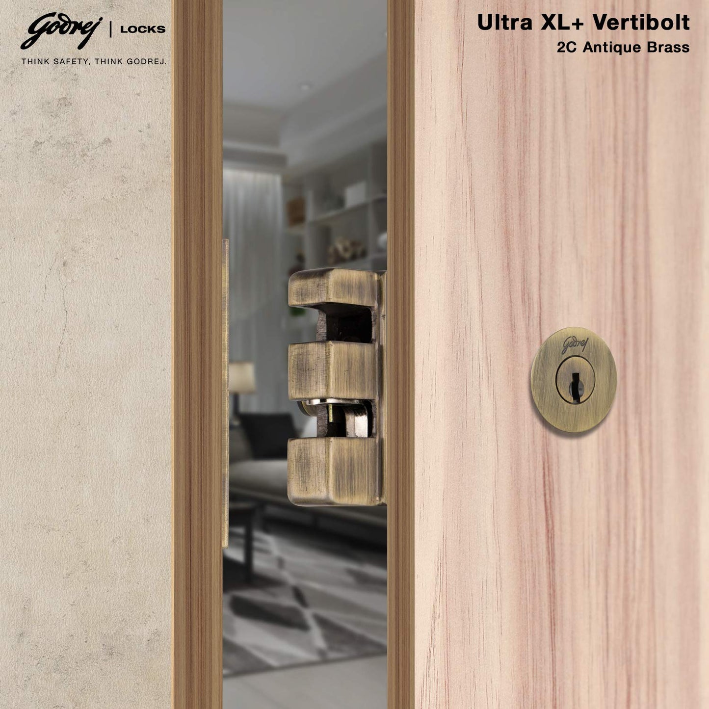 Godrej Rim Lock l Vertibolt Ultra XL+ I 2C Deadbolt l for Inside Opening, Double and Sliding Wooden Doors l Left/Right-Handed Doors l 4 Keys l Manual Locking I Antique Brass Finish
