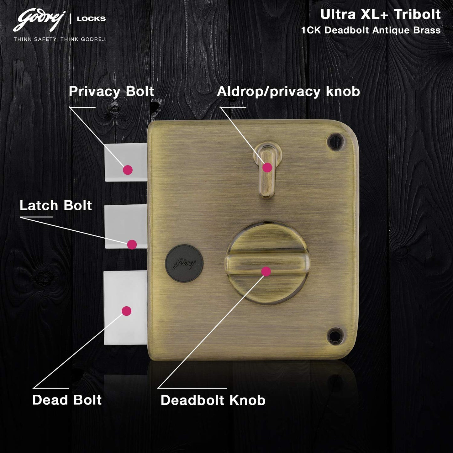 Godrej Rim Lock l Tribolt Ultra XL+ l 1CK Deadbolt l for Inside Opening Main Door l Left/Right-Handed Doors l 4 Keys l Manual Locking l Antique Brass Finish