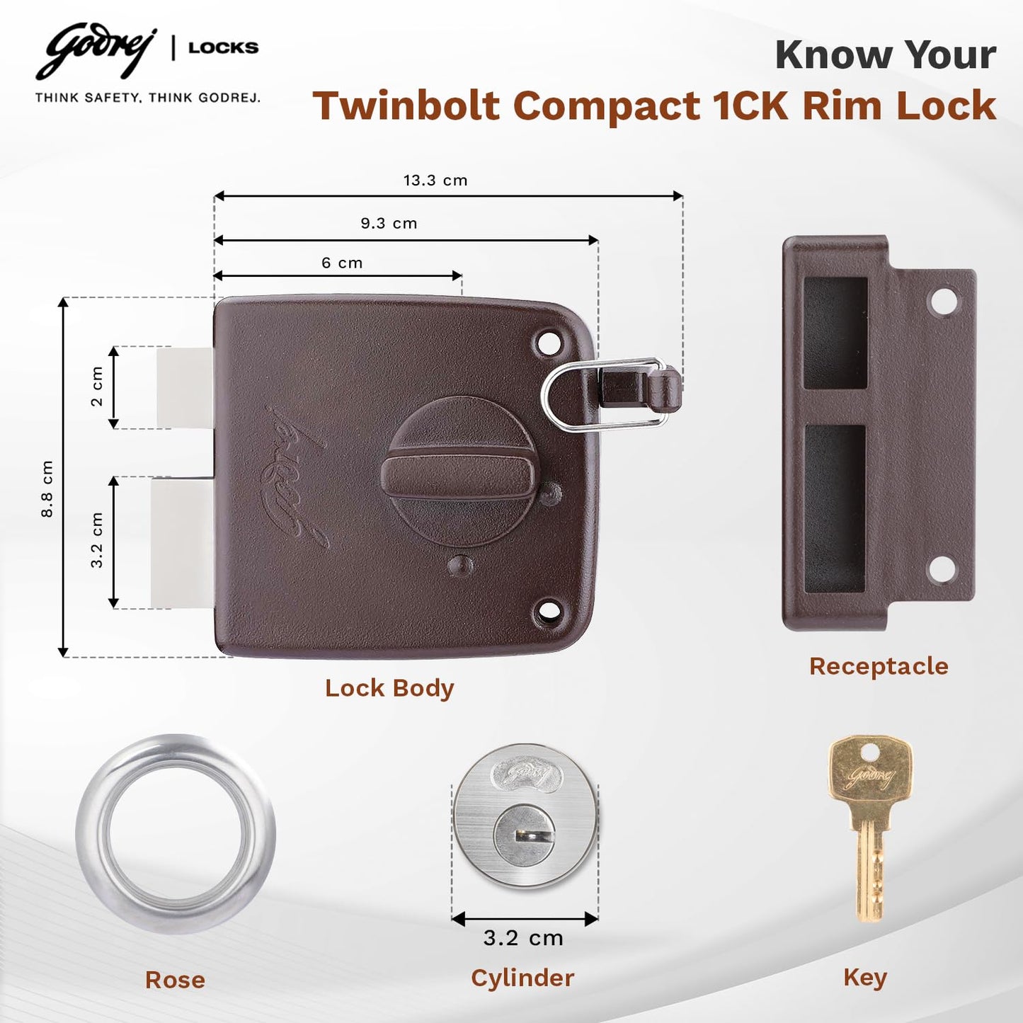 Godrej Locking Solutions and Systems Locks | Rim Lock I Twin Bolt Compact 1Ck Latch Bolt I for Inside Opening Wooden Doors I Left/Right Handed Doors I 3 Keys I Textured Brown Finish