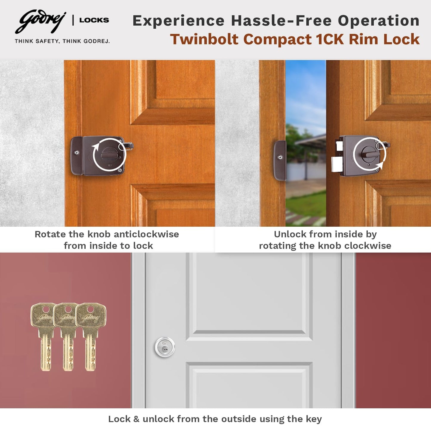 Godrej Locking Solutions and Systems Locks | Rim Lock I Twin Bolt Compact 1Ck Latch Bolt I for Inside Opening Wooden Doors I Left/Right Handed Doors I 3 Keys I Textured Brown Finish