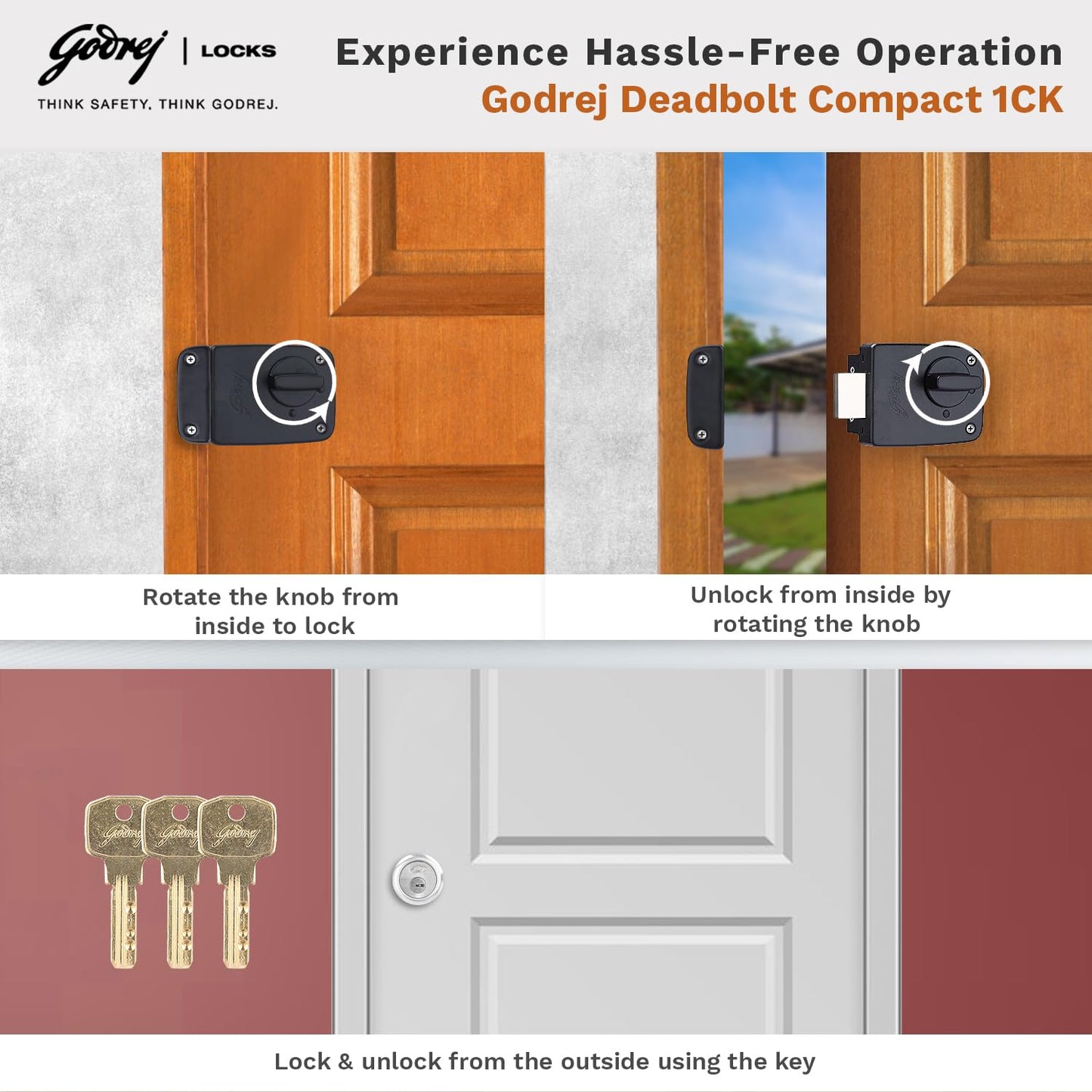Godrej Locks | Rim Lock | Deadbolt Compact |1CK Deadbolt | for Inside Opening Wooden Main Door|Left/Right Handed Doors | 3 Keys| Textured Black Finish