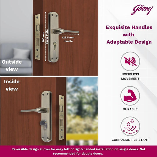 Godrej Mortise Lock I Handle Set 1CK EM02 I Antique Brass Finish I 6-Lever Lock I 3 Keys I Double Throw I 5" Handle I Left/Right Handed Door Operation