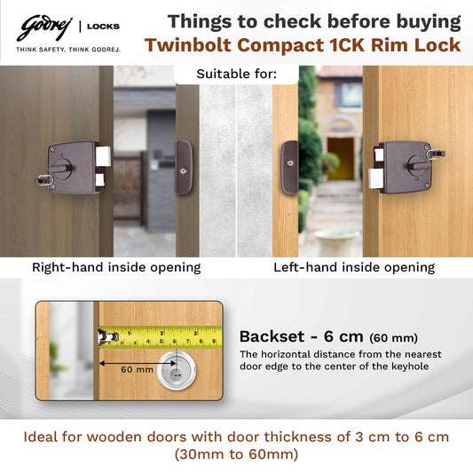 Godrej Locking Solutions and Systems Locks | Rim Lock I Twin Bolt Compact 1Ck Latch Bolt I for Inside Opening Wooden Doors I Left/Right Handed Doors I 3 Keys I Textured Brown Finish