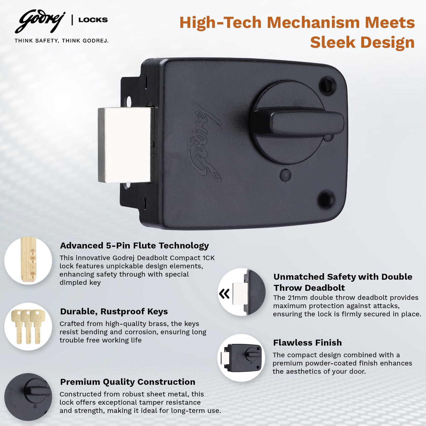 Godrej Locks | Rim Lock | Deadbolt Compact |1CK Deadbolt | for Inside Opening Wooden Main Door|Left/Right Handed Doors | 3 Keys| Textured Black Finish