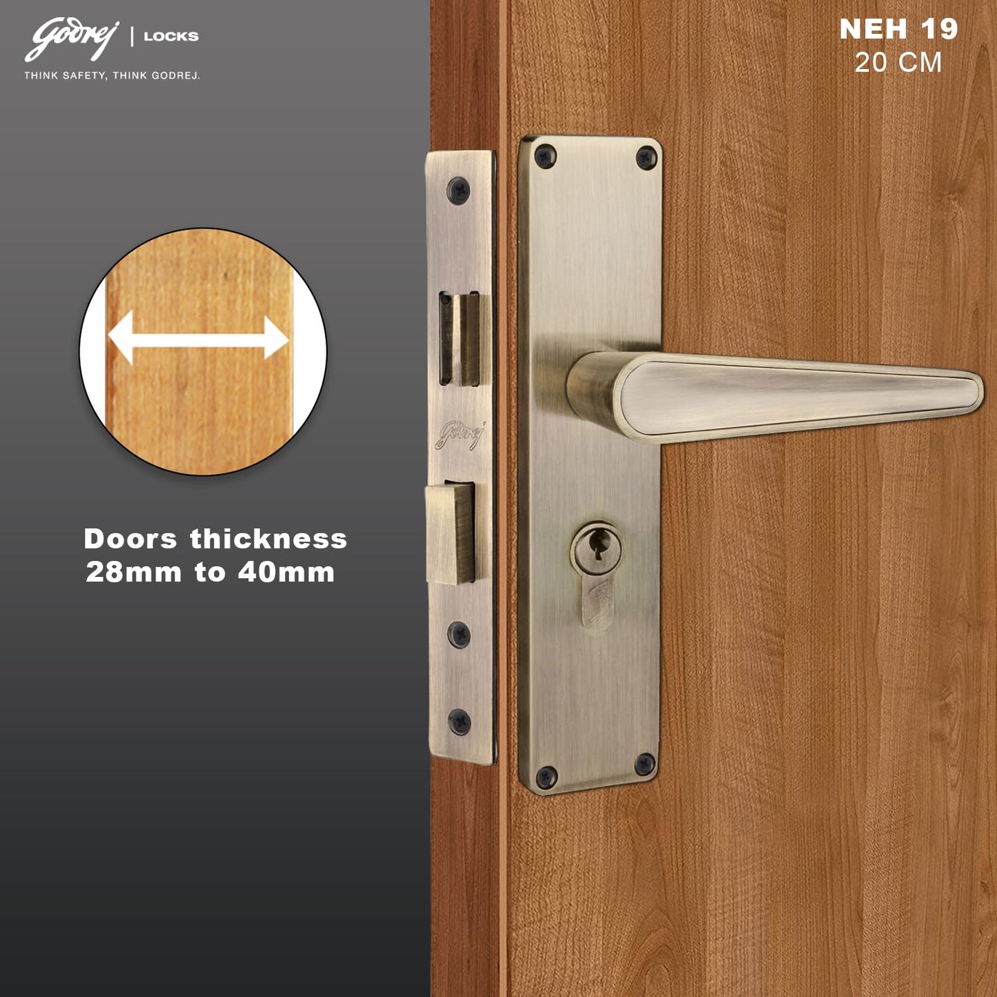 Godrej Mortise Lock I Mortise Door Handle Lock for Main & Internal Door in Residential I NEH 19-1 CK I Antique Brass Finish 20cm / 8 Inches Handle, with Lock Body & 3 Keys