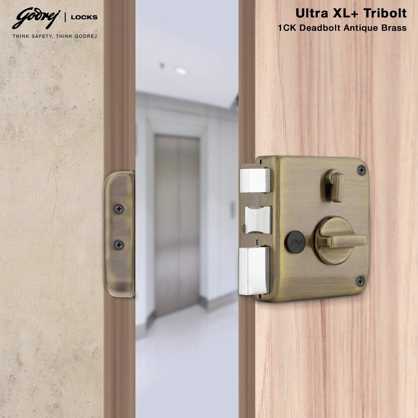 Godrej Rim Lock l Tribolt Ultra XL+ l 1CK Deadbolt l for Inside Opening Main Door l Left/Right-Handed Doors l 4 Keys l Manual Locking l Antique Brass Finish