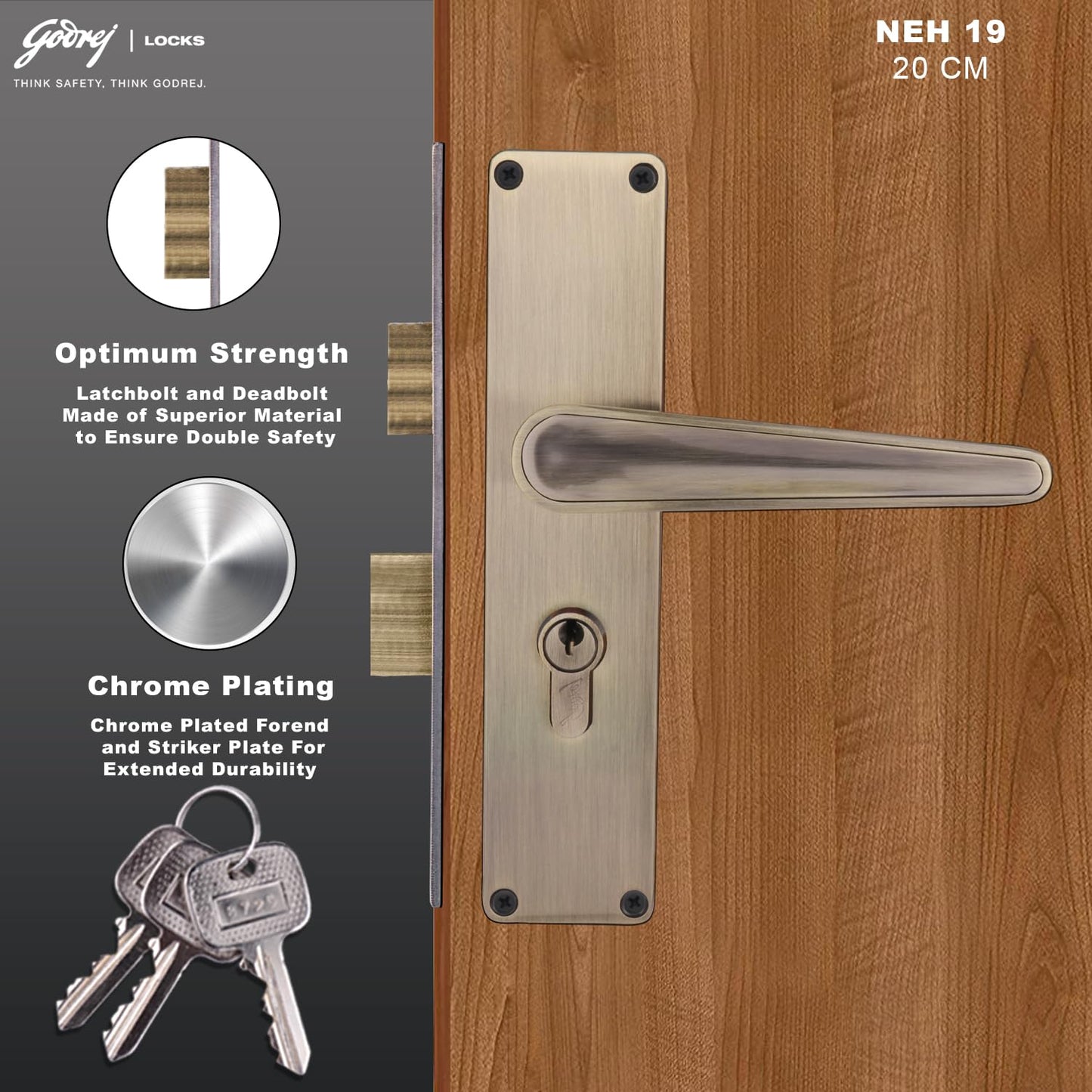 Godrej Mortise Lock I Mortise Door Handle Lock for Main & Internal Door in Residential I NEH 19-1 CK I Antique Brass Finish 20cm / 8 Inches Handle, with Lock Body & 3 Keys