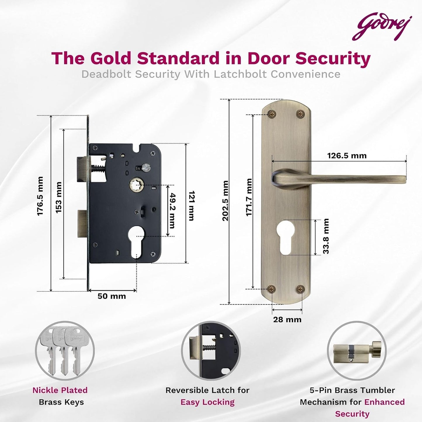 Godrej Mortise Lock I Handle Set 1CK EM02 I Antique Brass Finish I 6-Lever Lock I 3 Keys I Double Throw I 5" Handle I Left/Right Handed Door Operation