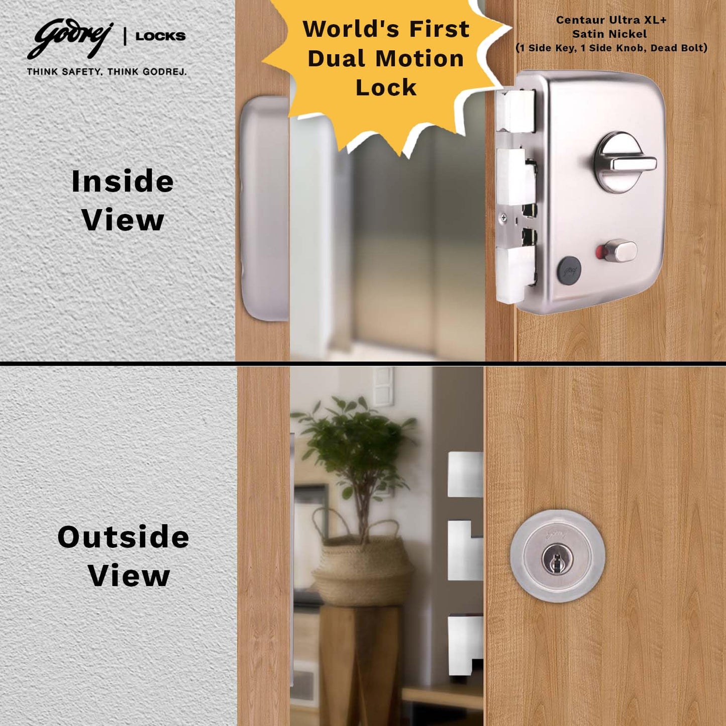 Godrej Centaur Rim Lock I World's 1st Dual Motion Lock | Ultra XL+ Technology| 4 Keys I 1CK Dead Bolt Lock for Main & Safety Door (Satin Nickel)