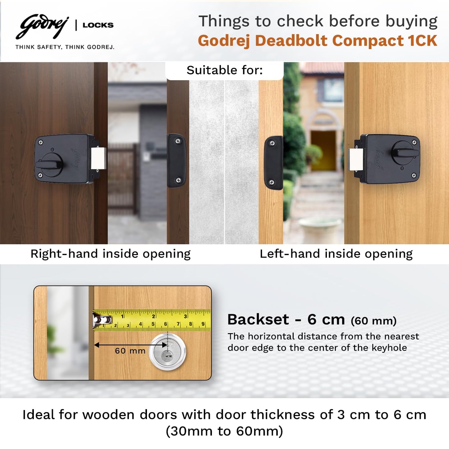 Godrej Locks | Rim Lock | Deadbolt Compact |1CK Deadbolt | for Inside Opening Wooden Main Door|Left/Right Handed Doors | 3 Keys| Textured Black Finish
