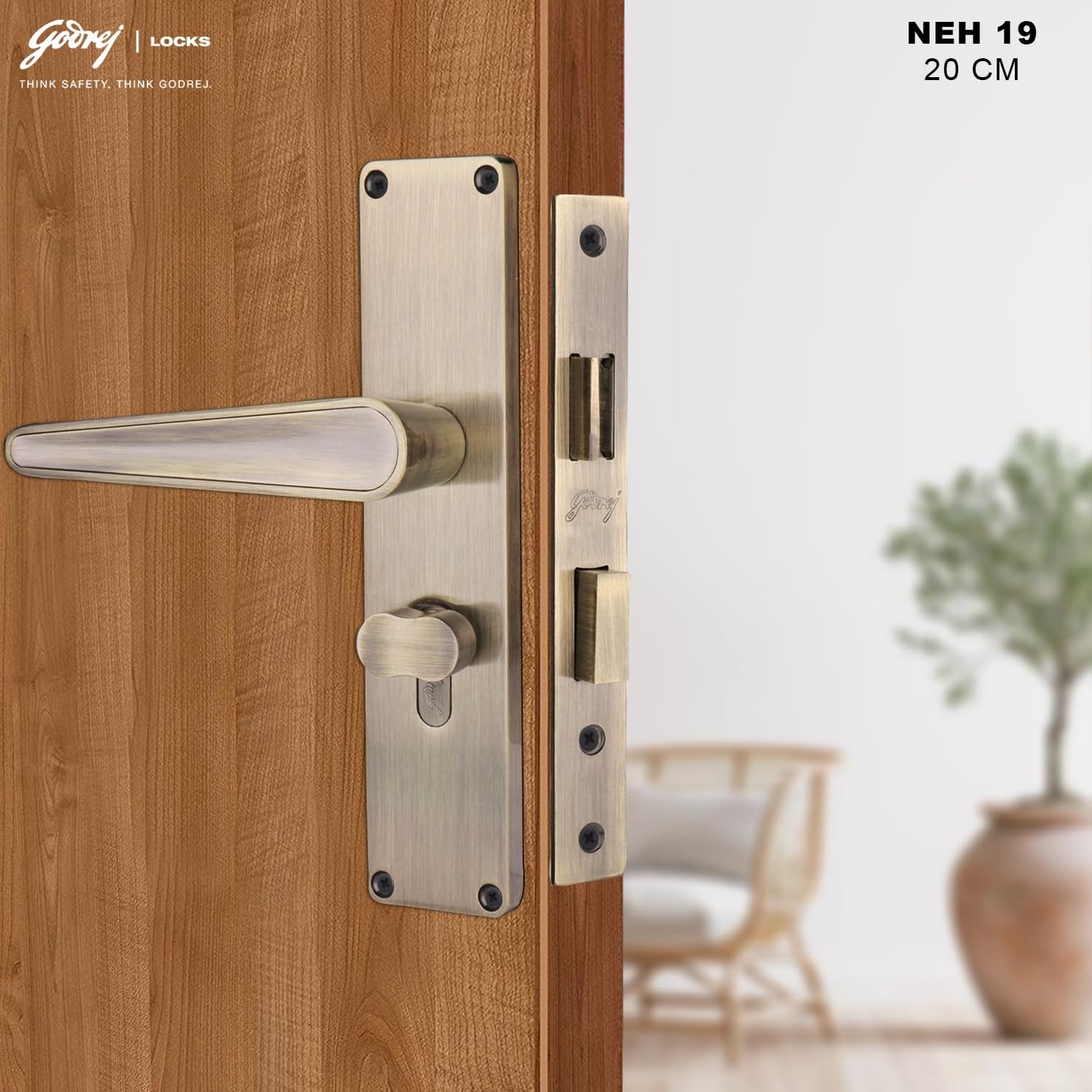 Godrej Mortise Lock I Mortise Door Handle Lock for Main & Internal Door in Residential I NEH 19-1 CK I Antique Brass Finish 20cm / 8 Inches Handle, with Lock Body & 3 Keys