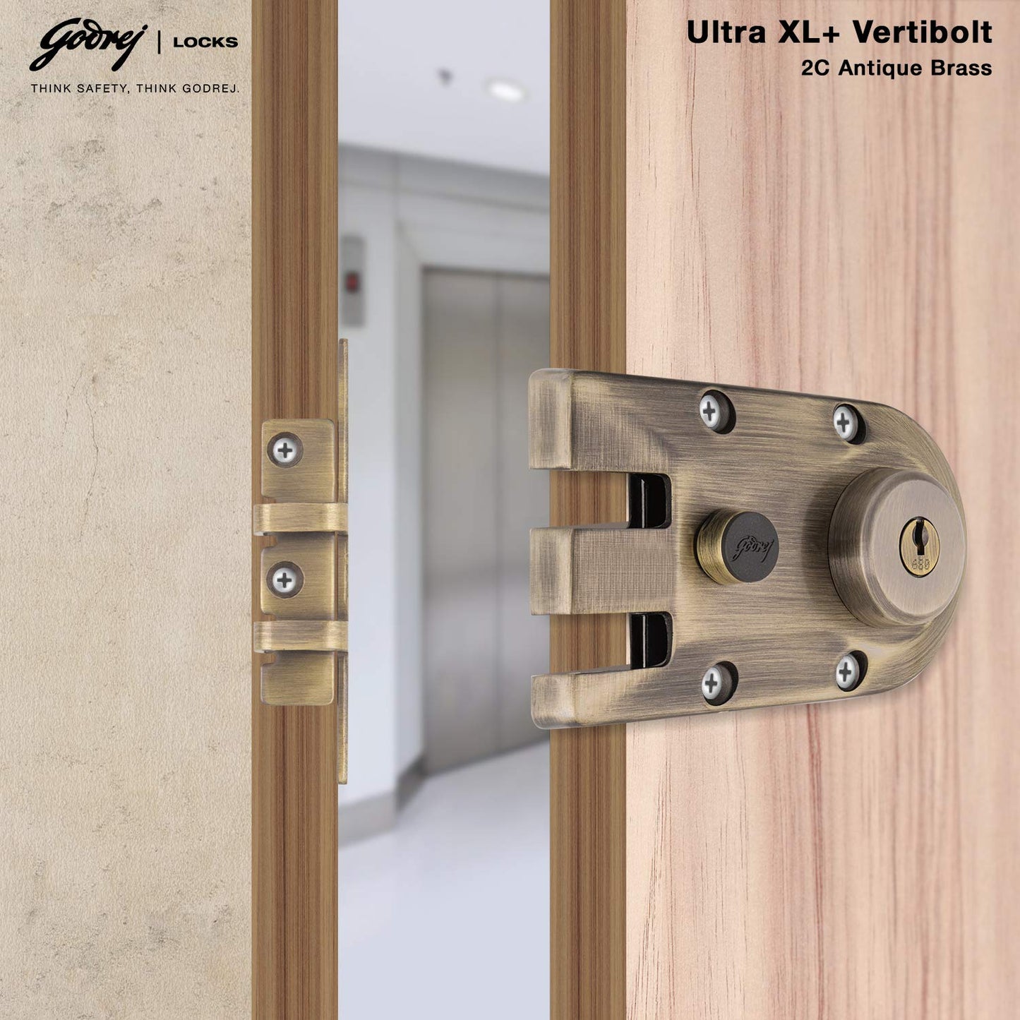 Godrej Rim Lock l Vertibolt Ultra XL+ I 2C Deadbolt l for Inside Opening, Double and Sliding Wooden Doors l Left/Right-Handed Doors l 4 Keys l Manual Locking I Antique Brass Finish