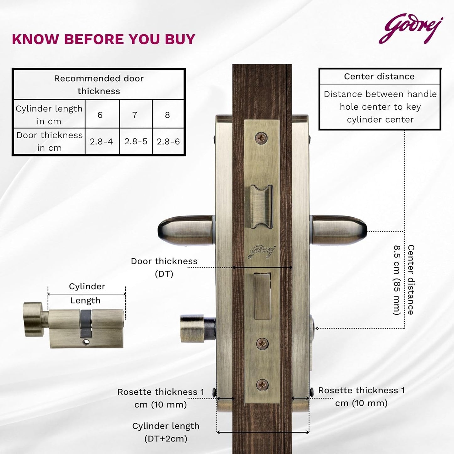 Godrej Mortise Lock I Handle Set 1CK EM02 I Antique Brass Finish I 6-Lever Lock I 3 Keys I Double Throw I 5" Handle I Left/Right Handed Door Operation