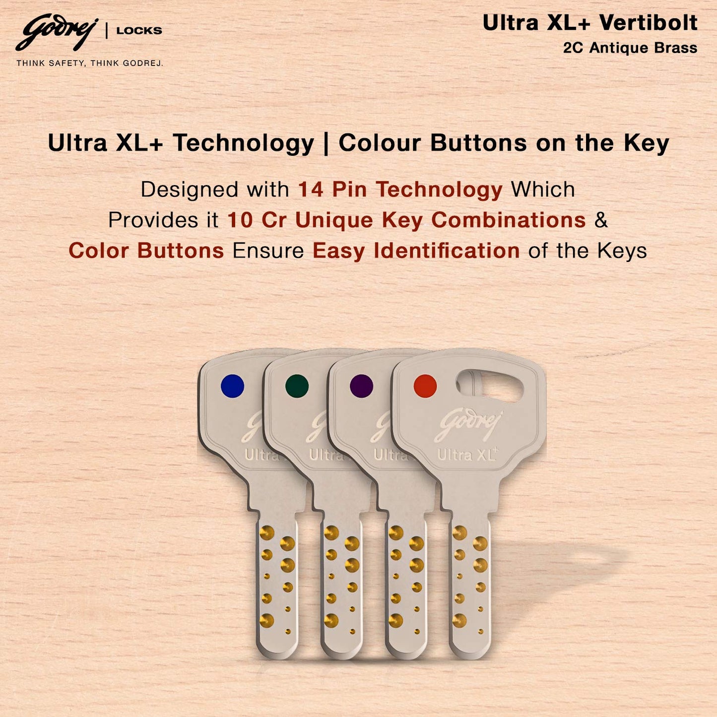 Godrej Rim Lock l Vertibolt Ultra XL+ I 2C Deadbolt l for Inside Opening, Double and Sliding Wooden Doors l Left/Right-Handed Doors l 4 Keys l Manual Locking I Antique Brass Finish