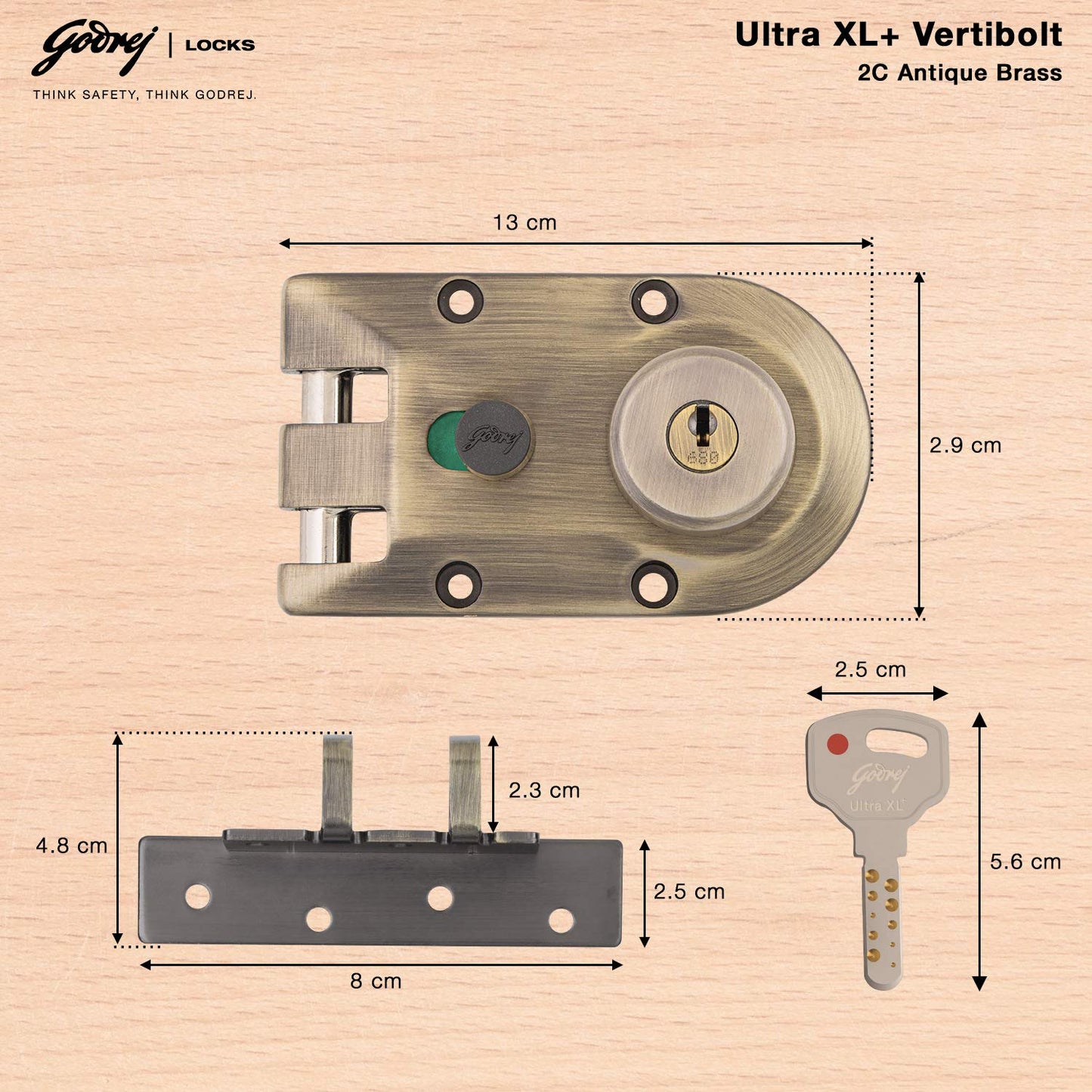 Godrej Rim Lock l Vertibolt Ultra XL+ I 2C Deadbolt l for Inside Opening, Double and Sliding Wooden Doors l Left/Right-Handed Doors l 4 Keys l Manual Locking I Antique Brass Finish
