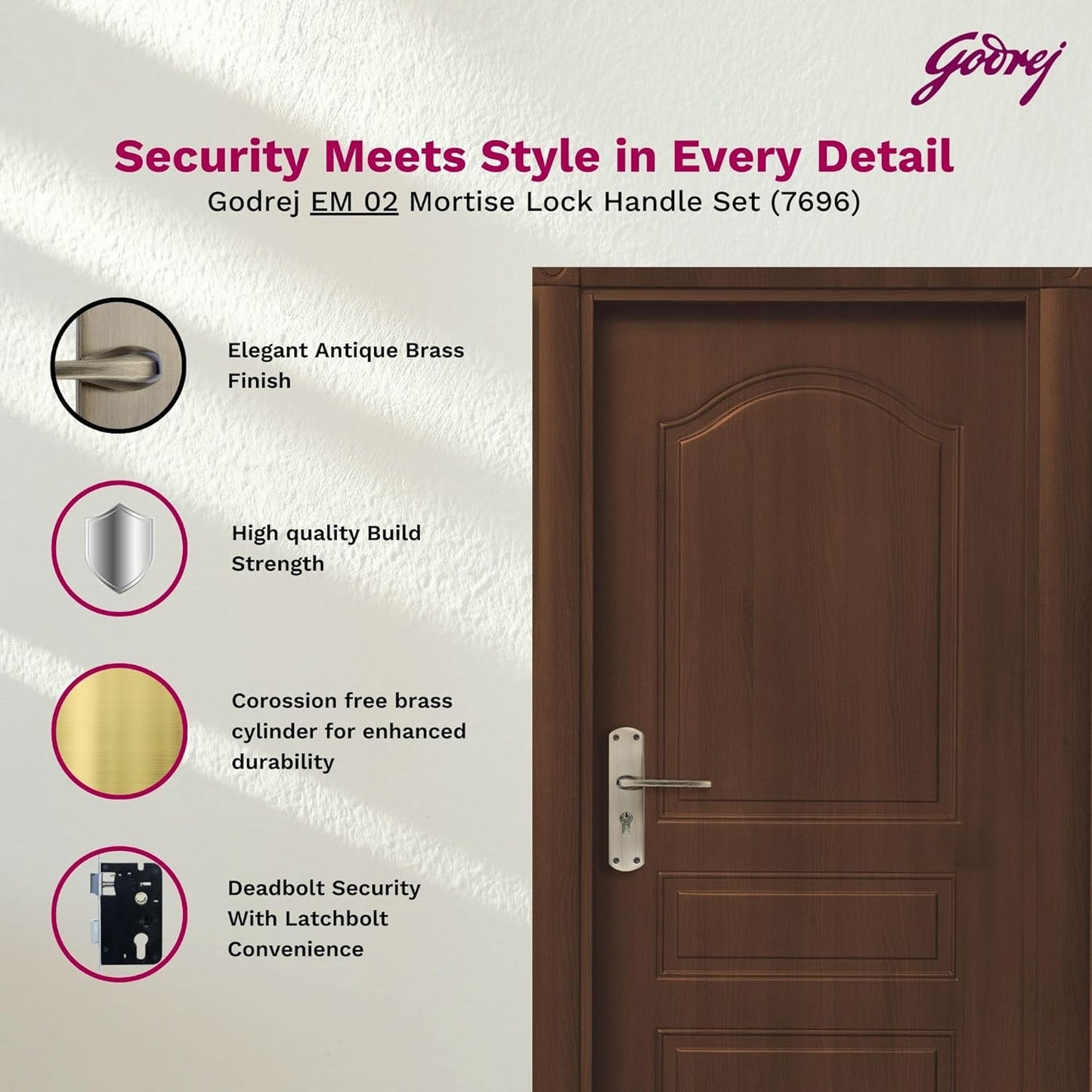 Godrej Mortise Lock I Handle Set 1CK EM02 I Antique Brass Finish I 6-Lever Lock I 3 Keys I Double Throw I 5" Handle I Left/Right Handed Door Operation