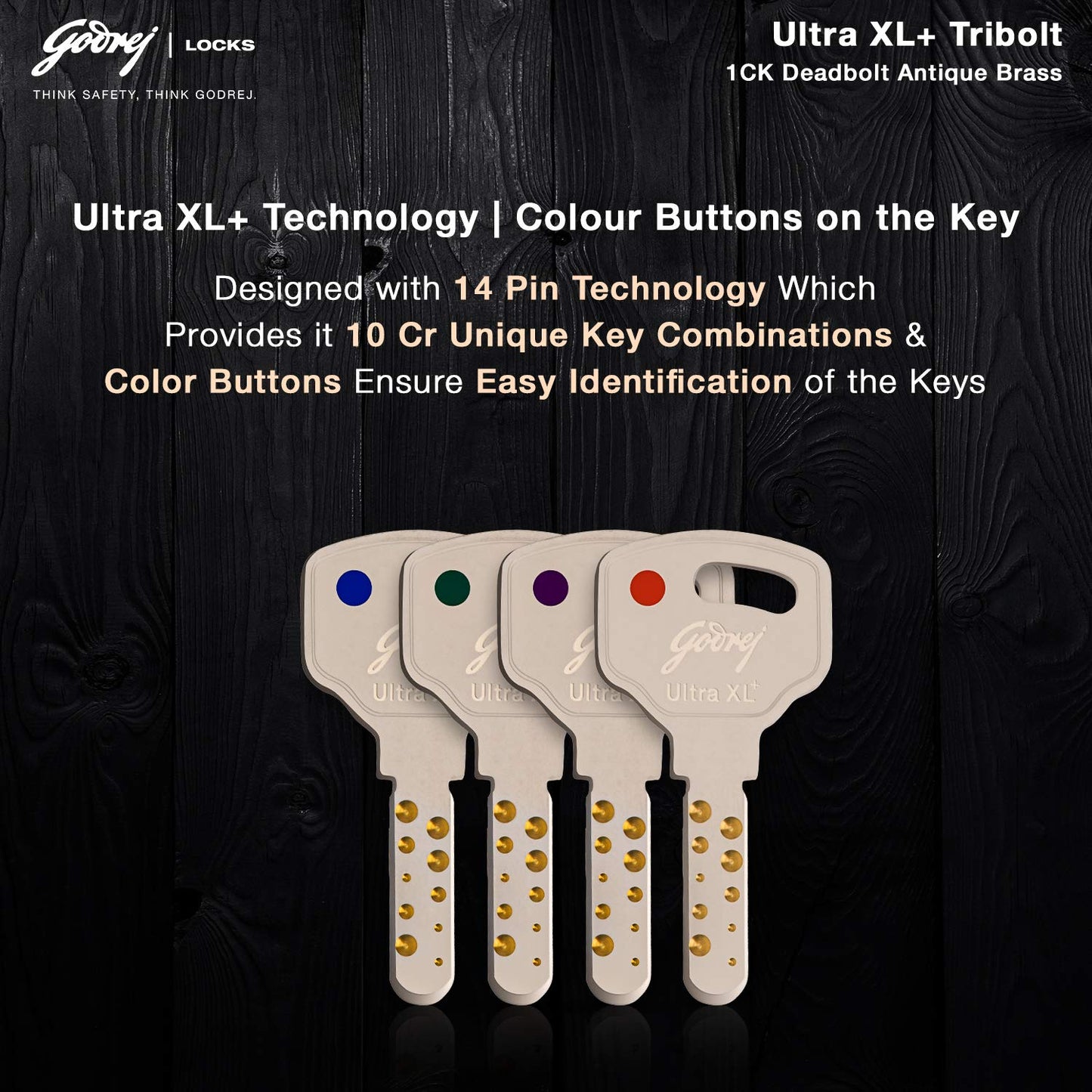 Godrej Rim Lock l Tribolt Ultra XL+ l 1CK Deadbolt l for Inside Opening Main Door l Left/Right-Handed Doors l 4 Keys l Manual Locking l Antique Brass Finish