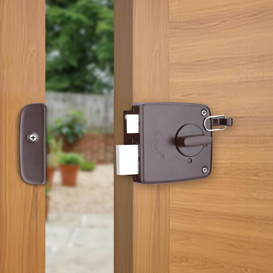 Godrej Locking Solutions and Systems Locks | Rim Lock I Twin Bolt Compact 1Ck Latch Bolt I for Inside Opening Wooden Doors I Left/Right Handed Doors I 3 Keys  I Textured Brown Finish