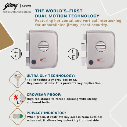 Godrej Centaur Rim Lock I World's 1st Dual Motion Lock | Ultra XL+ Technology| 4 Keys I 1CK Dead Bolt Lock for Main & Safety Door (Satin Nickel)