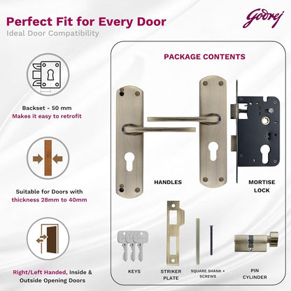 Godrej Mortise Lock I Handle Set 1CK EM02 I Antique Brass Finish I 6-Lever Lock I 3 Keys I Double Throw I 5" Handle I Left/Right Handed Door Operation