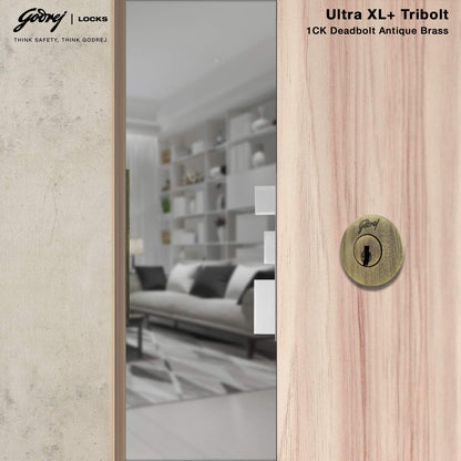 Godrej Rim Lock l Tribolt Ultra XL+ l 1CK Deadbolt l for Inside Opening Main Door l Left/Right-Handed Doors l 4 Keys l Manual Locking l Antique Brass Finish