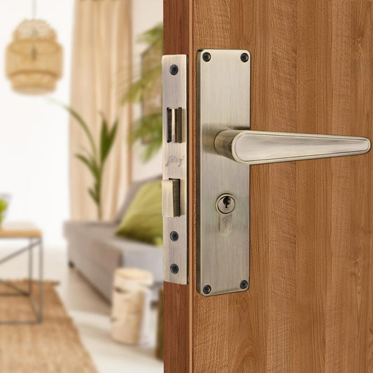 Godrej Mortise Lock I Mortise Door Handle Lock for Main & Internal Door in Residential I NEH 19-1 CK I Antique Brass Finish 20cm / 8 Inches Handle, with Lock Body & 3 Keys