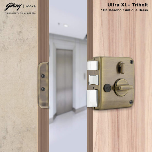 Godrej Rim Lock l Tribolt Ultra XL+ l 1CK Deadbolt l for Inside Opening Main Door l Left/Right-Handed Doors l 4 Keys l Manual Locking l Antique Brass Finish