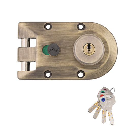Godrej Rim Lock l Vertibolt Ultra XL+ I 2C Deadbolt l for Inside Opening, Double and Sliding Wooden Doors l Left/Right-Handed Doors l 4 Keys l Manual Locking I Antique Brass Finish