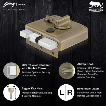 Godrej Rim Lock l Tribolt Ultra XL+ l 1CK Deadbolt l for Inside Opening Main Door l Left/Right-Handed Doors l 4 Keys l Manual Locking l Antique Brass Finish