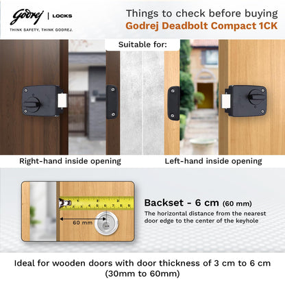 Godrej Locks | Rim Lock | Deadbolt Compact |1CK Deadbolt | for Inside Opening Wooden Main Door|Left/Right Handed Doors | 3 Keys| Textured Black Finish