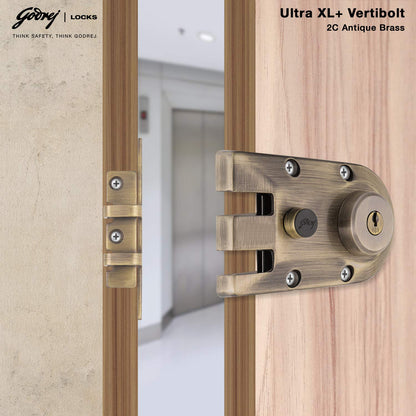 Godrej Rim Lock l Vertibolt Ultra XL+ I 2C Deadbolt l for Inside Opening, Double and Sliding Wooden Doors l Left/Right-Handed Doors l 4 Keys l Manual Locking I Antique Brass Finish