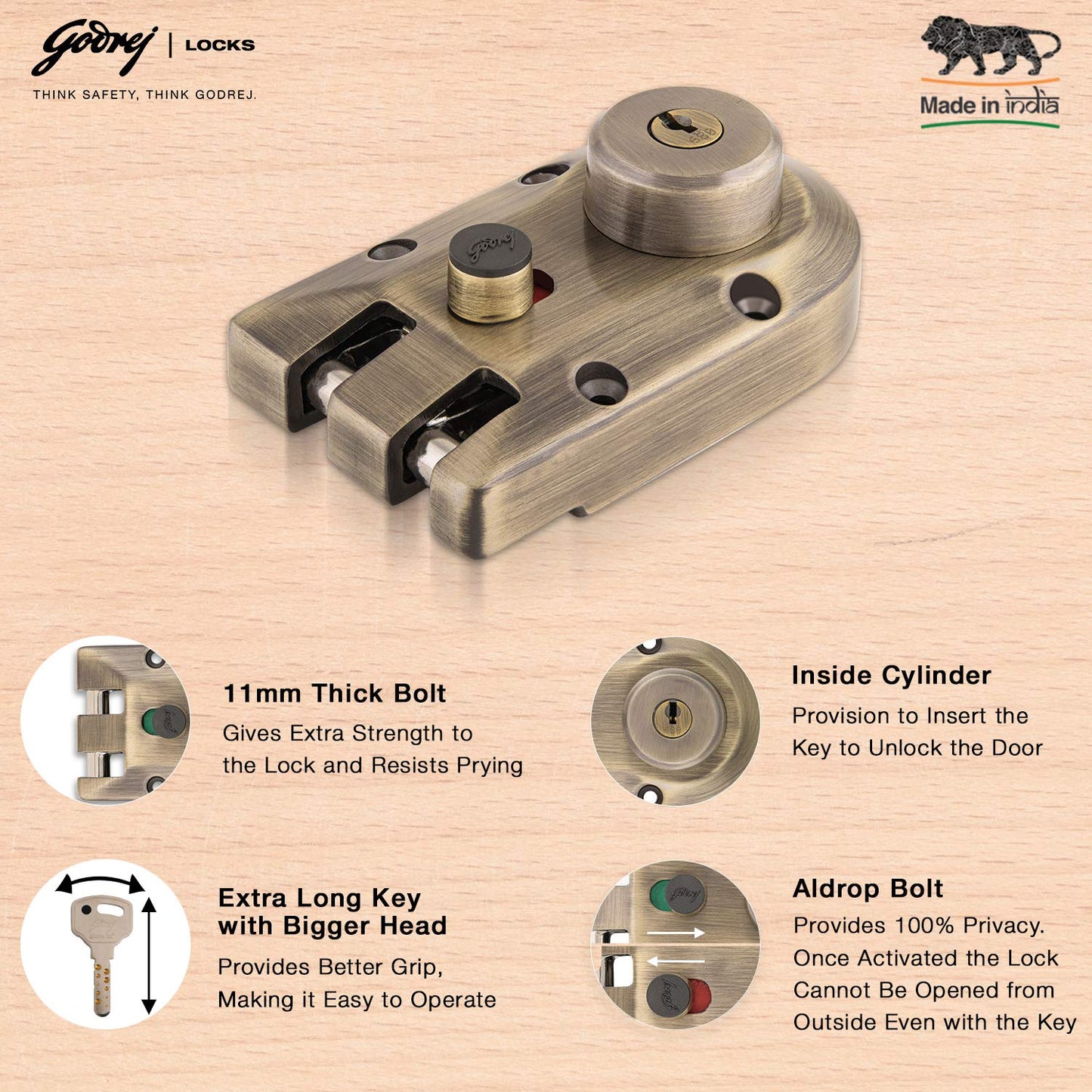 Godrej Rim Lock l Vertibolt Ultra XL+ I 2C Deadbolt l for Inside Opening, Double and Sliding Wooden Doors l Left/Right-Handed Doors l 4 Keys l Manual Locking I Antique Brass Finish