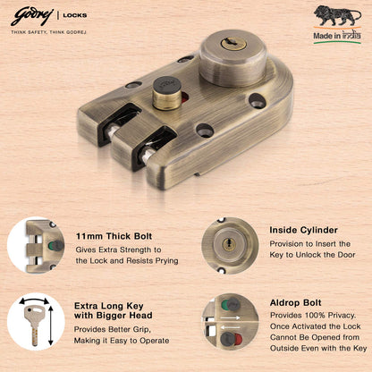 Godrej Rim Lock l Vertibolt Ultra XL+ I 2C Deadbolt l for Inside Opening, Double and Sliding Wooden Doors l Left/Right-Handed Doors l 4 Keys l Manual Locking I Antique Brass Finish