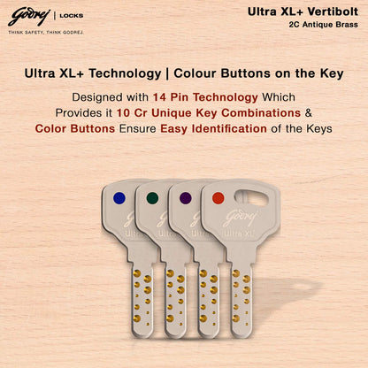 Godrej Rim Lock l Vertibolt Ultra XL+ I 2C Deadbolt l for Inside Opening, Double and Sliding Wooden Doors l Left/Right-Handed Doors l 4 Keys l Manual Locking I Antique Brass Finish